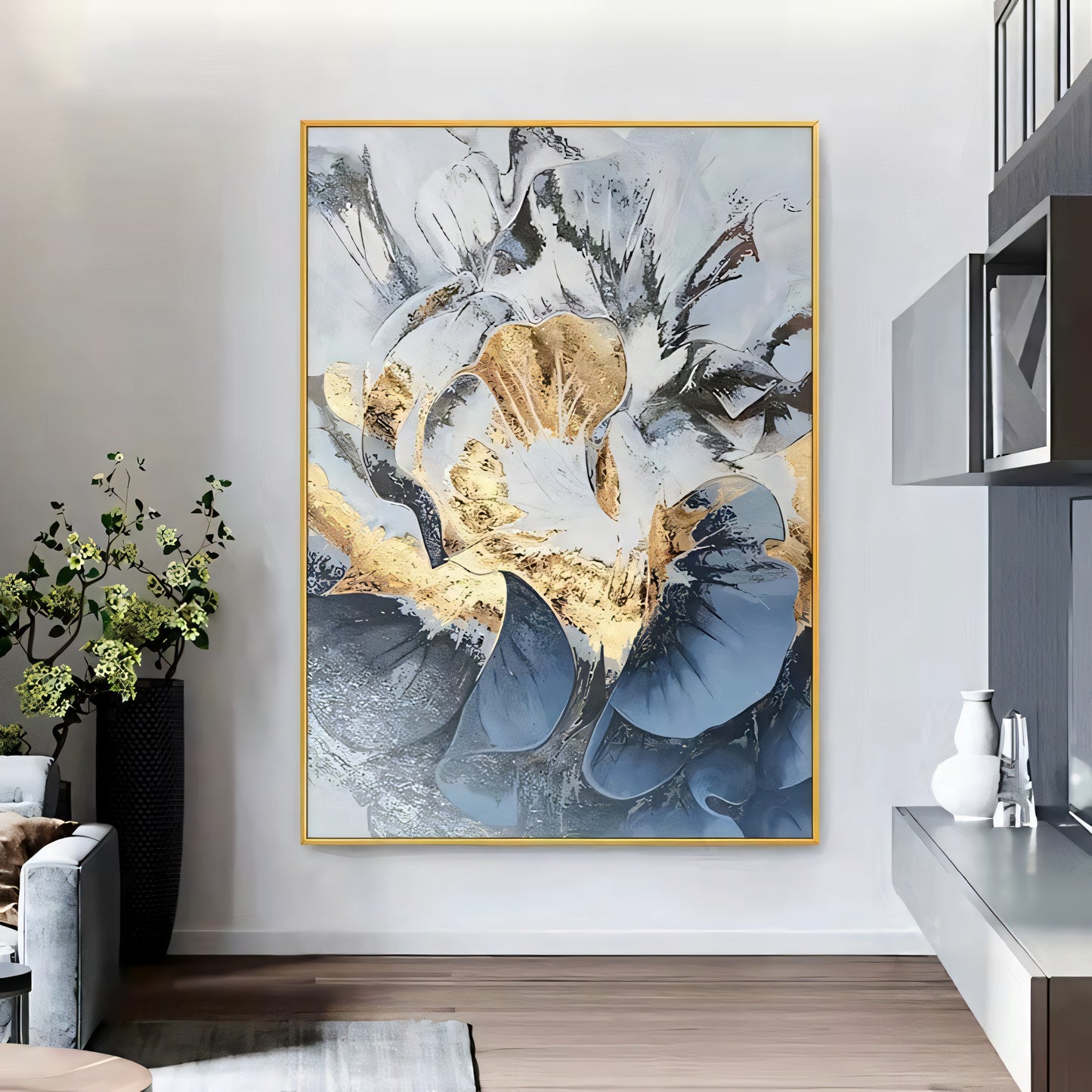 Bloom: Luxury Blue and Gold Accent Floral Art