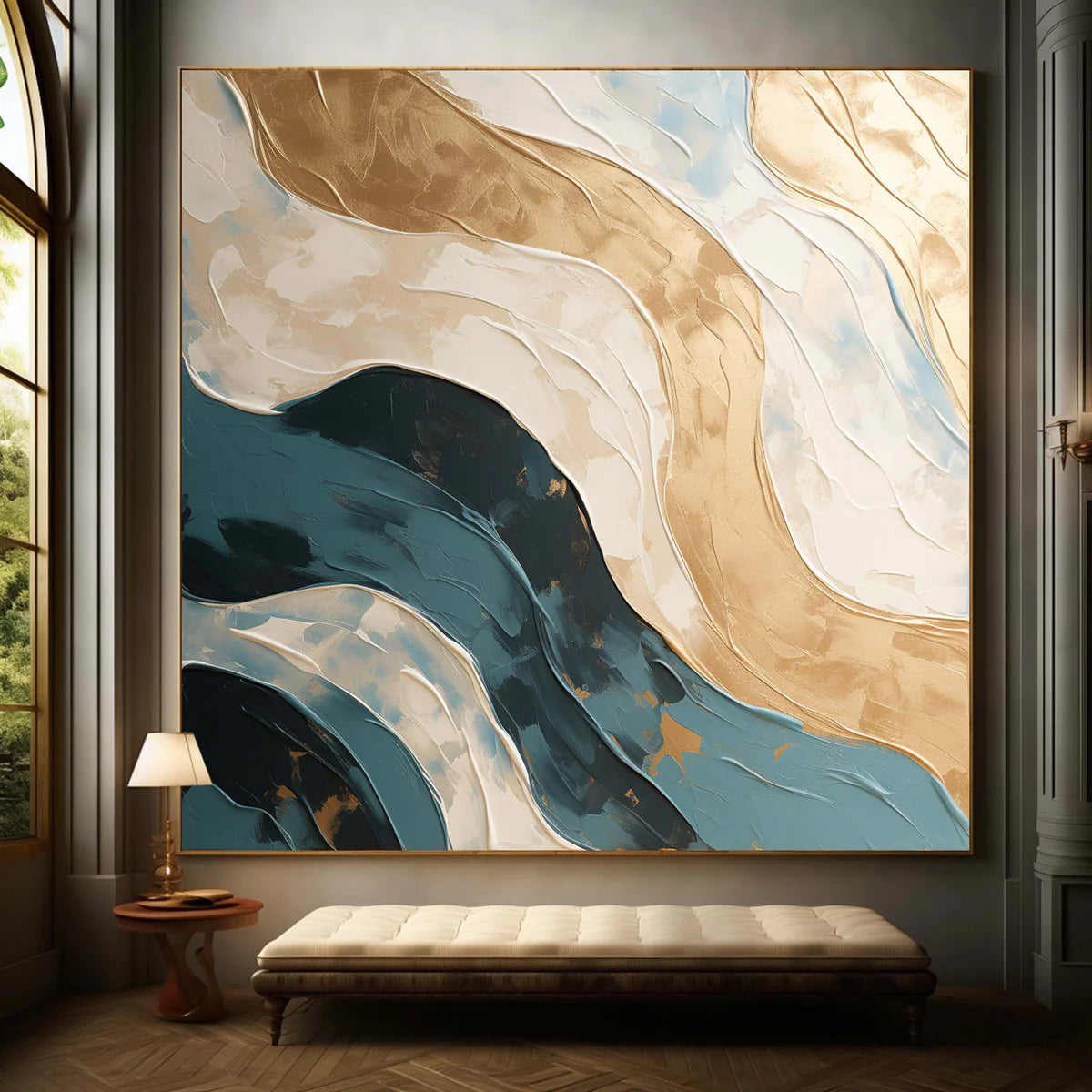 teal-gold-ivory-blue-square-abstract-modern-painting-waves-theurbannarrative