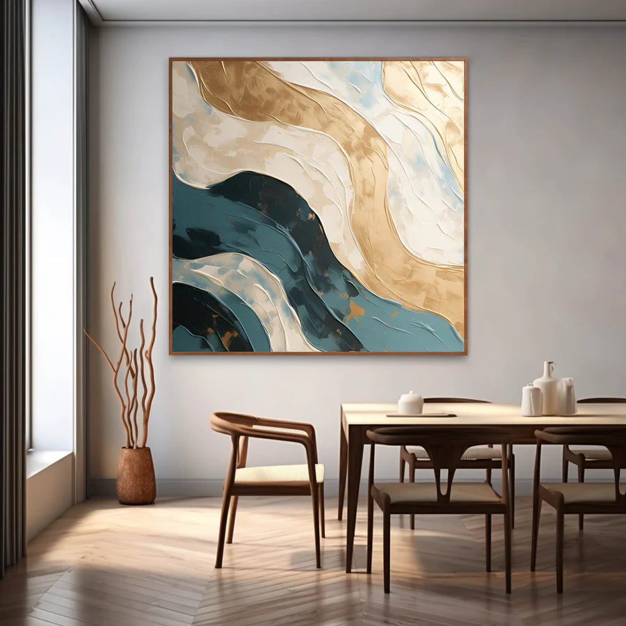 teal-gold-ivory-blue-square-abstract-modern-painting-waves-theurbannarrative-home-decor-goldern-currents-dining-room