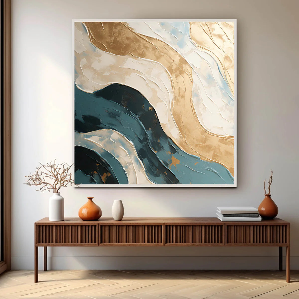 teal-gold-ivory-blue-square-abstract-modern-painting-waves-theurbannarrative-home-decor-goldern-currents-wall-art