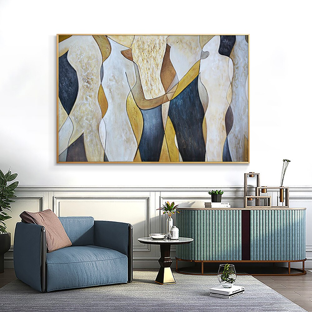 Connect crowd gathering abstract gold yellow and blue modern art canvas oil painting landscape