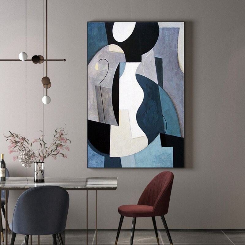 Shades of Blue, Black and white geometric Picasso inspired Abstract Modern Art Oil painting