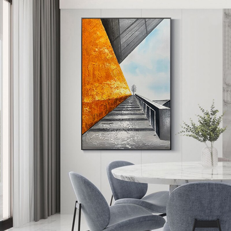One tree standing in industrial world black and white orange colour pop abstract modern canvas oil painting art