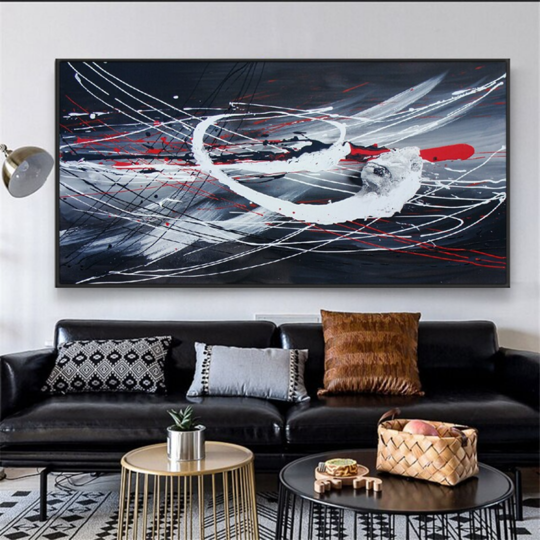 kinetic energy soundwave modern abstract blue white and red oil painting