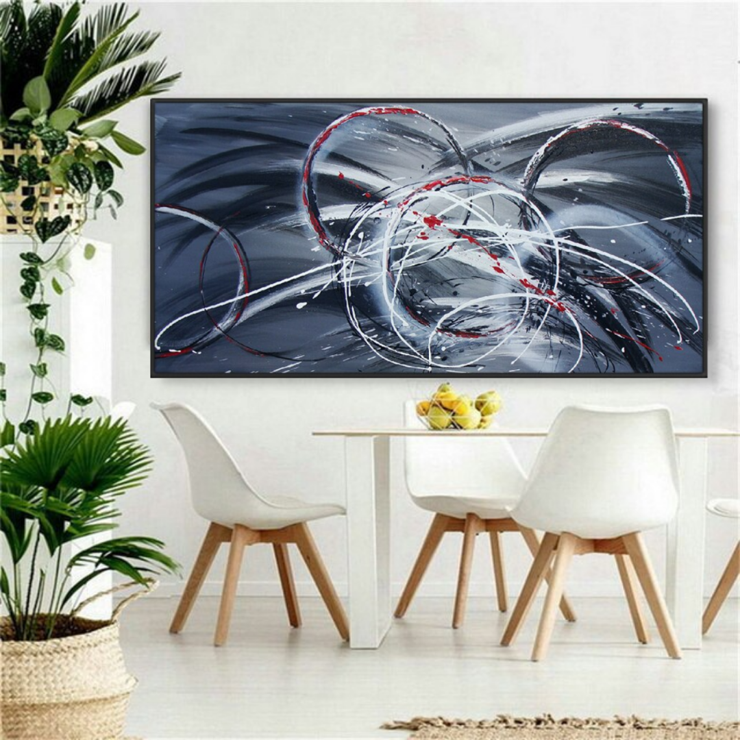 kinetic circular energy soundwave modern abstract blue white and red oil painting