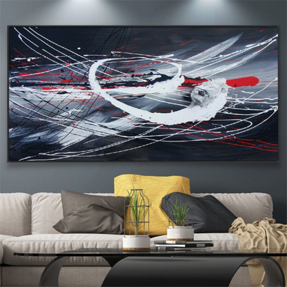 kinetic energy soundwave modern abstract blue white and red oil painting