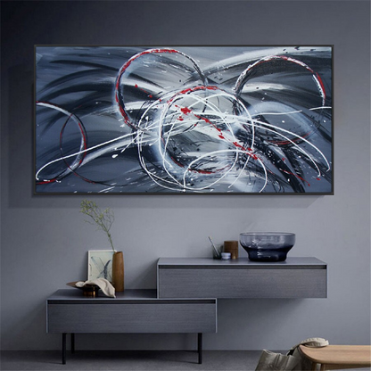 kinetic circular energy soundwave modern abstract blue white and red oil painting