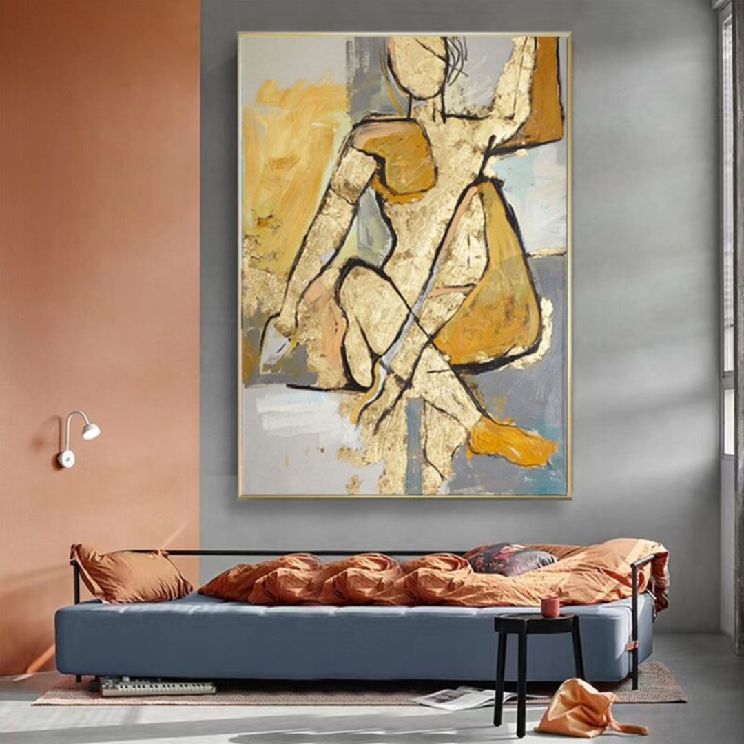 Yellow hued African and Picasso inspired abstract modern art canvas oil painting home decor