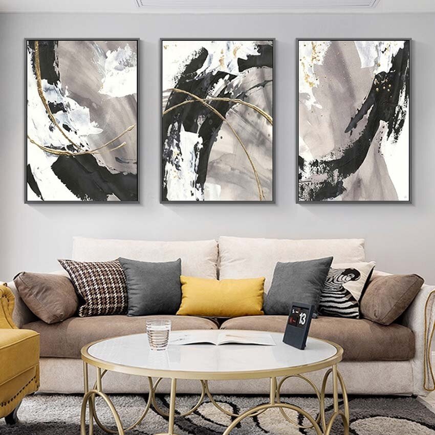 3-Piece-Abstract-Modern-Art-black-white-gold-painting